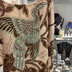 Embellished Bird Motif Beige & Brown Women's Sweater
